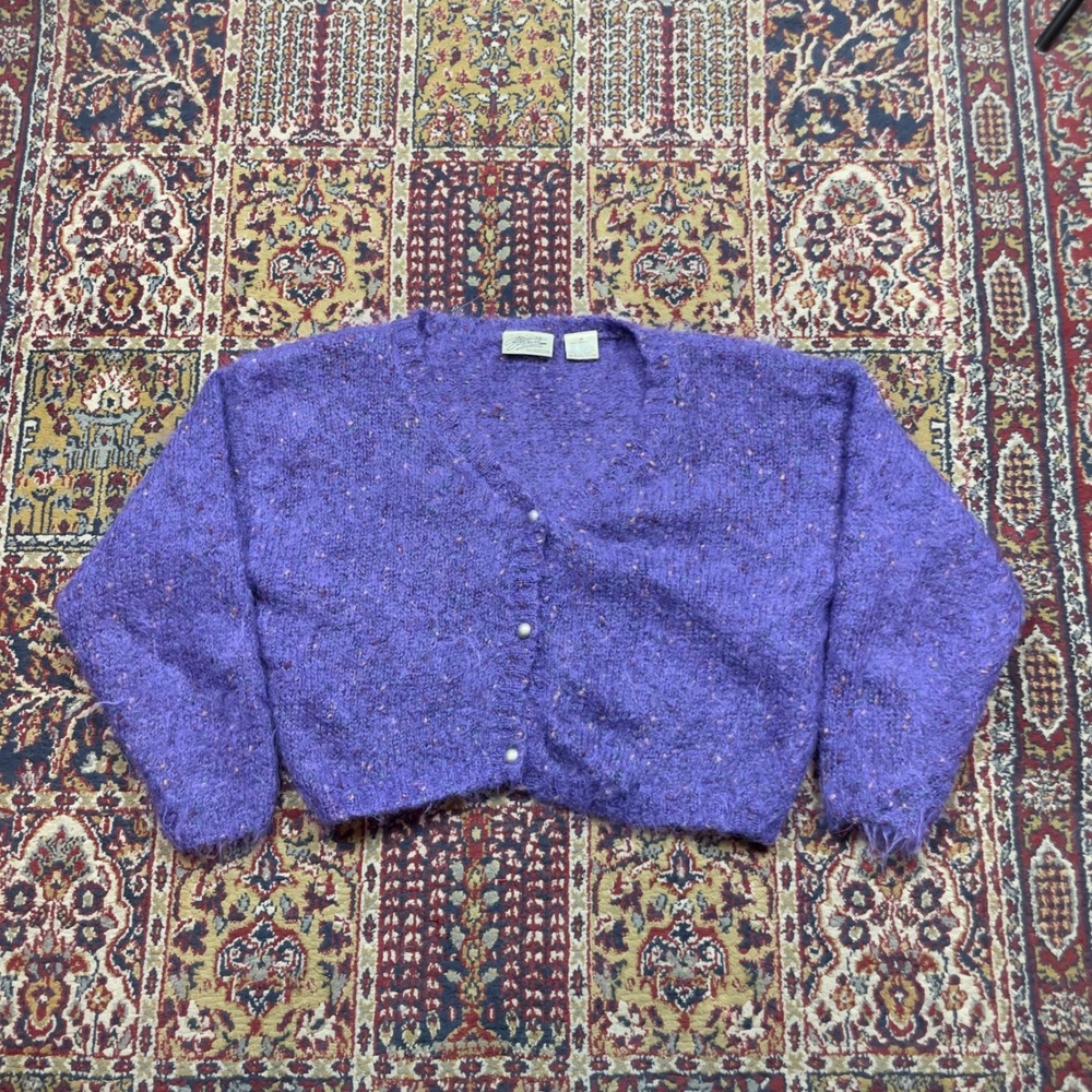 VTG 80s 90s Brass Plum Nordstrom Purple Mohair Blend Confetti Cropped Cardigan M